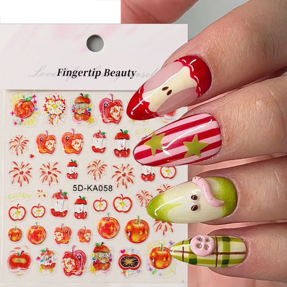 Pegatinas 5D en relieve para decoración de uñas de manzana mordida con diseño de fuegos artificiales de Año Nuevo, calcomanías adhesivas para uñas de caramelo y frutas Kawaii, piezas de manicura
