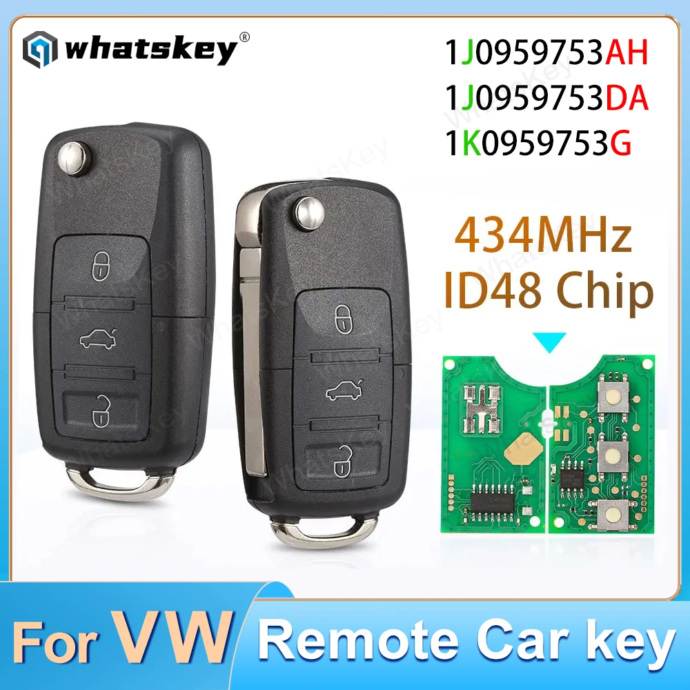 WhatsKey chiave remota 434Mhz ID48 Chip per Volkswagen VW 1KO959753G 1KO959753G Beetle Beetle Bora Passat B5 Golf Polo