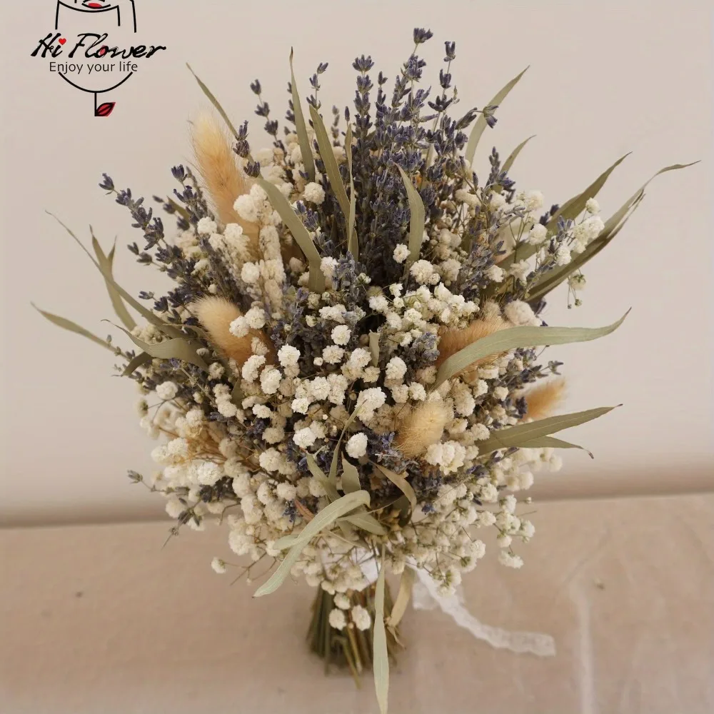 Natürlicher getrockneter Blumenstrauß, Atem, Lavendel und Eukalyptus für Hochzeiten, DIY-Vase, Heimdekoration, künstlicher Hase, S-Schwanz, Gypsophila