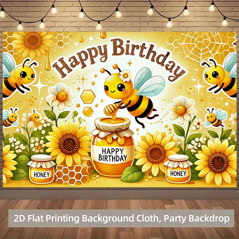 Cute Honey Bee Sunflower Honey Pot Happy Birthday 2D Flat Tapestry Backdrop For Kids Party Decor Sweet Wall Hanging Art Print
