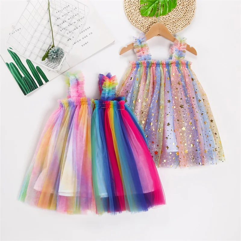 2024 New Baby Dress Girls Birthday Party Rainbow Princess Frock Summer Children Fashion Sleeveless Sling Cute Tulle Tutu 12M-6Y