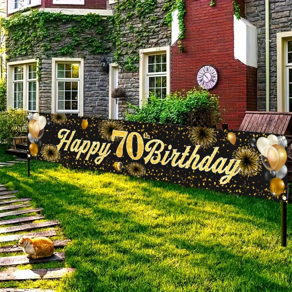 Bannière 2D plate pour 70e anniversaire - texte noir pailleté, décoration commémorative du 70e anniversaire, drapeau de fête durable adapté pour