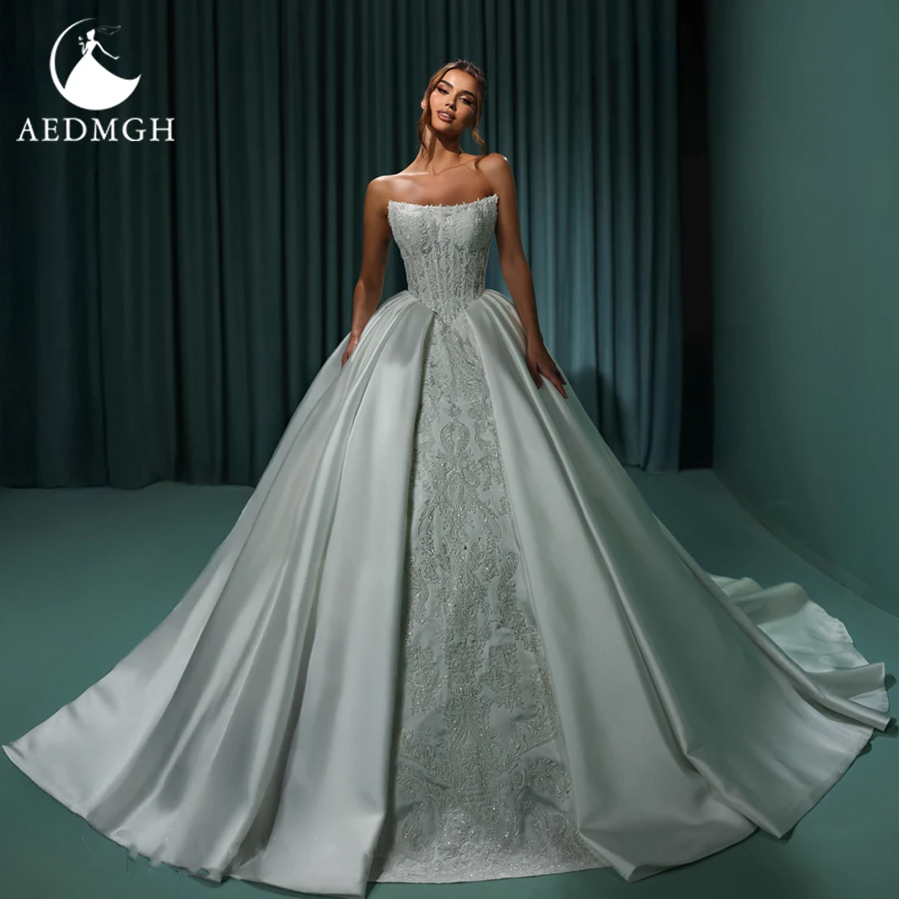 

Aedmgh A-Line Classic Wedding Dresses For Women Strapless Matte Satin Vestido De Novia Lace Glitter Custom Made Bridal Gowns