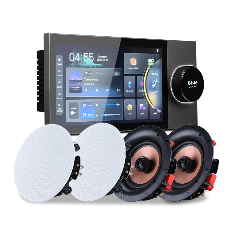 Smart Home 7-inch Background Music Console System Home Theater Audio Controller With 4* 5-inch Ceiling Speakers