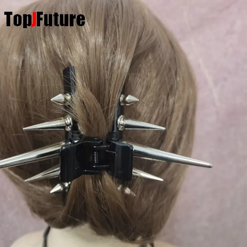 Streetwear Gothic Spike Hair Grab Punk Hip Hop Handmade Leather Buckle Chain Spike Clip Women Party Hair Accessories