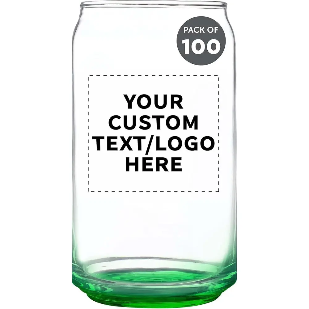 

Custom r Can Glasses Set o 100, 16 oz. Pint Sized, Promotional Text, Logo, Soda Can Shape, Glassware, Green