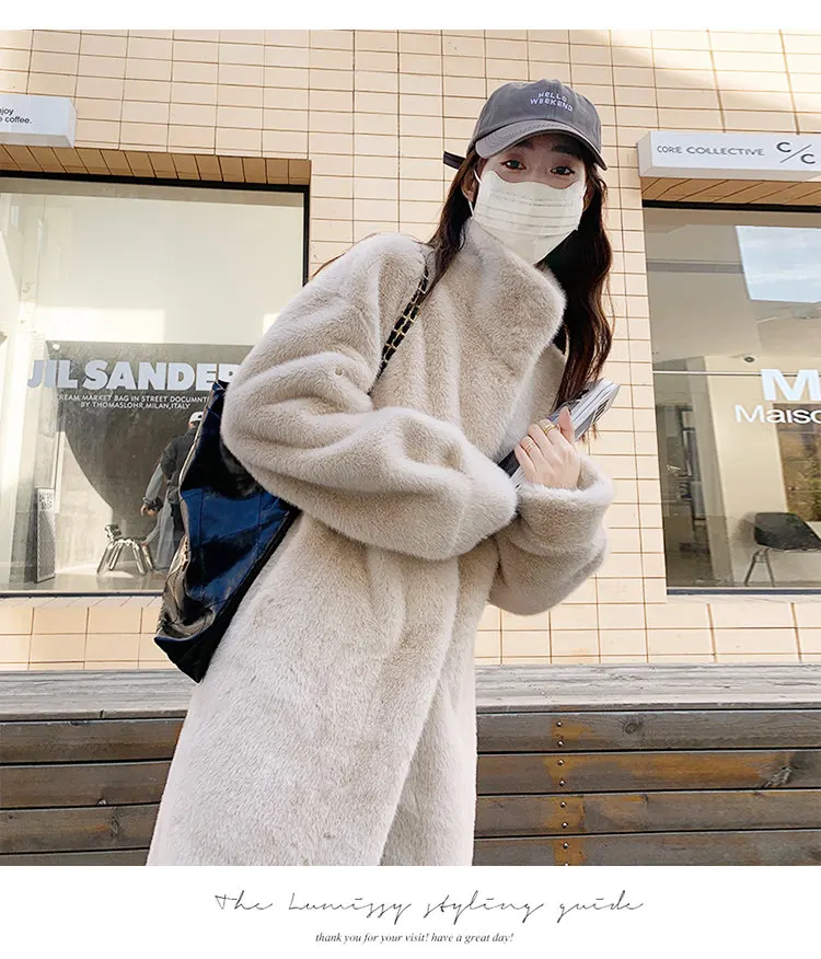 Women's Thick Faux Mink Fur Mid-length Coat Autumn Winter Fashion Stand Collar Plush Outerwear Women Elegant Warm Fluffy Jackets