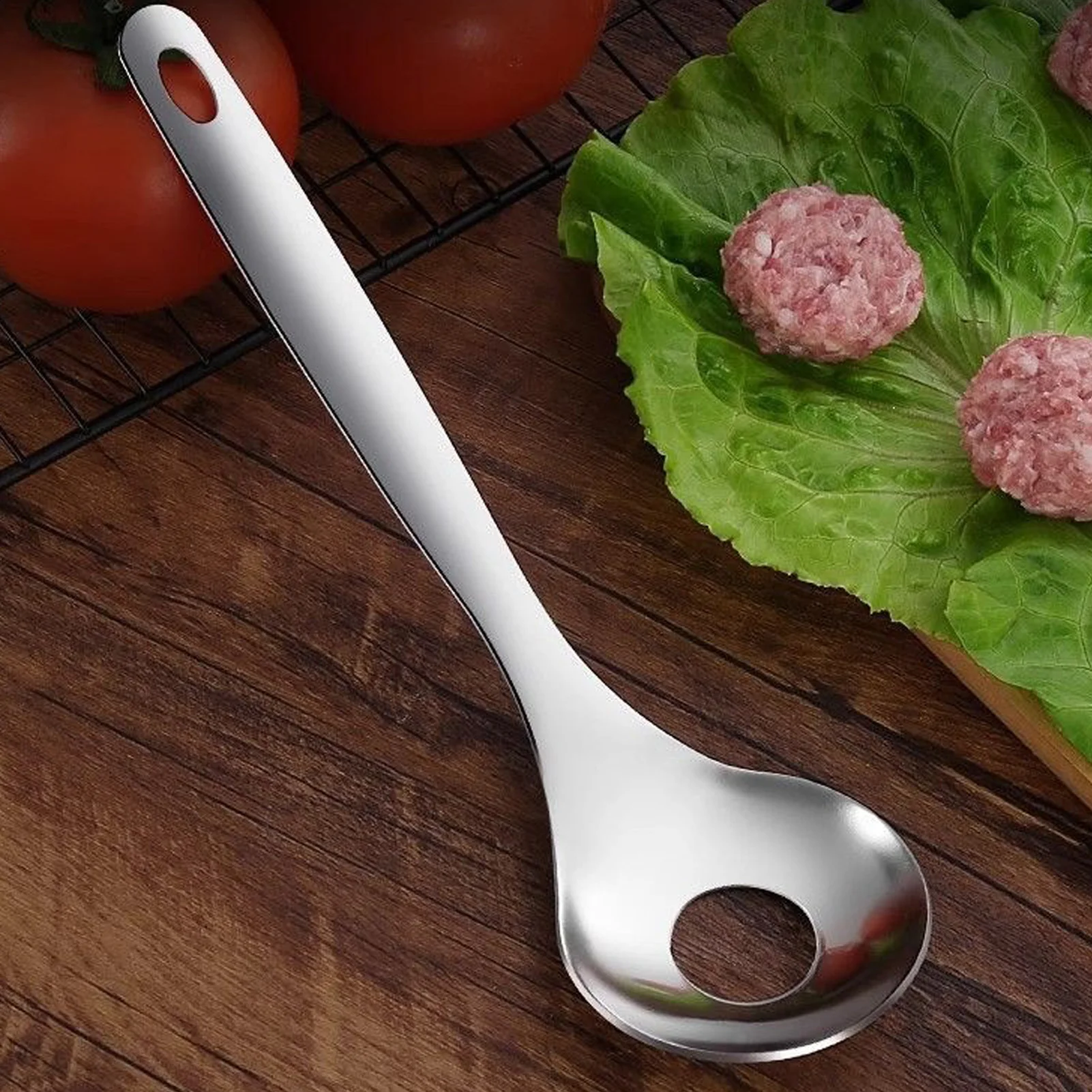 Stainless Steel Croquettes Meatball Spoon Mold Non-stick with Round Hole Meatball Maker Spoon Hangable Meat Press Tools