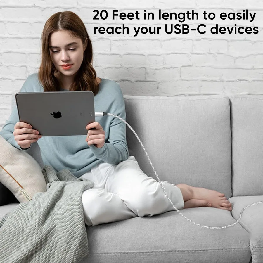 كابل USB C بطول 20 قدم طويل USB A 2.0 إلى النوع C 12 وات سلك نقل بيانات للشحن السريع متوافق مع وحدة تحكم Xbox PS5 iPhone 16 1