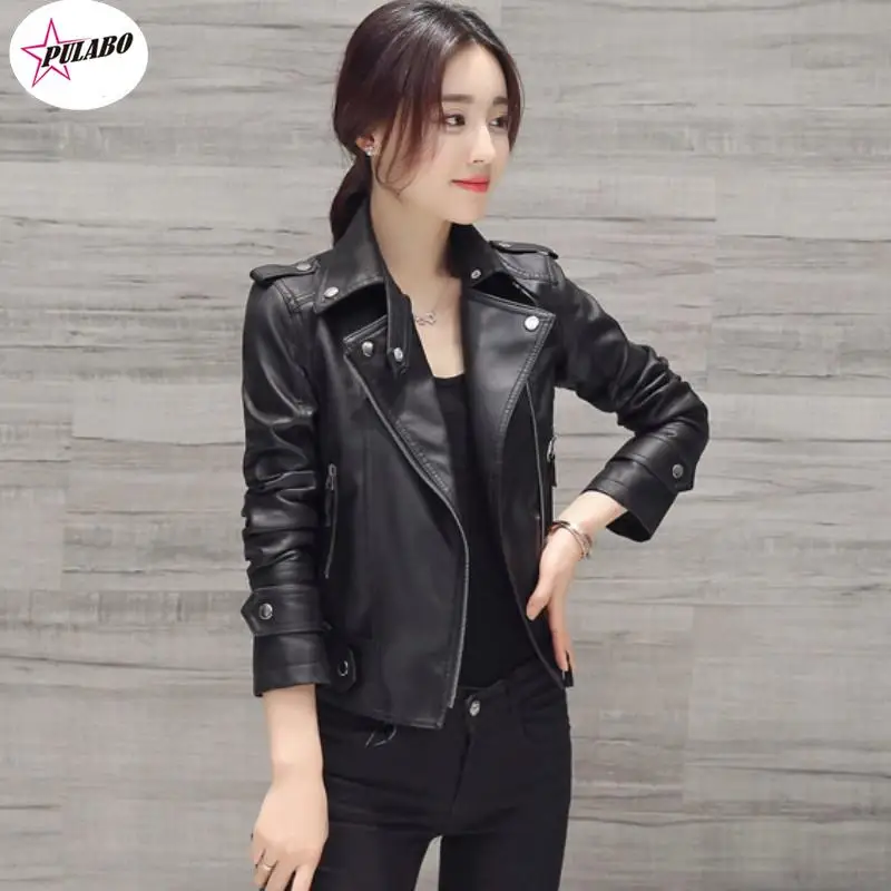 PULABO y2k Fashion Women Smooth Motorcycle Faux PU Leather Jackets Ladies Long Sleeve Autumn Winter Biker Streetwear Black Coat