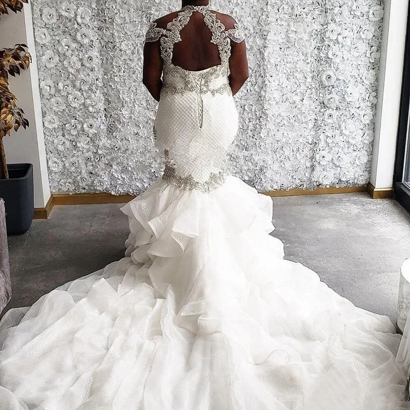 Vestido De Novia personalizado con apliques De cristales y cuello alto, Vestido De Novia con cordones, vestidos De Novia africanos De talla grande con espalda abierta y espalda descubierta