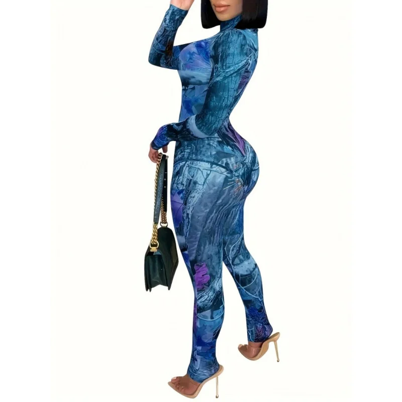 

New European and American Long Sleeve Digital3DPrinted Sexy Multi-color Pattern Long Sleeve Jumpsuit