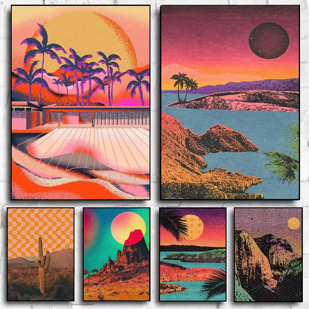 Vintage Hawaiian Sunset Poster, Psychedelic Gradient Sky Palm Tree Silhouette with Halftone Texture Retro Beach Vibe Home Decor