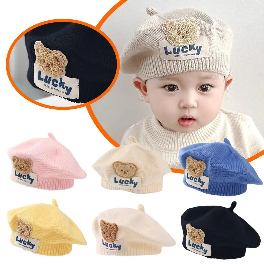 Bear Baby Beret Hat Winter Warm Knitted Beanie Cap For Infant Girls Korean Toddler Princess Artist Lucky Bear Painter Caps