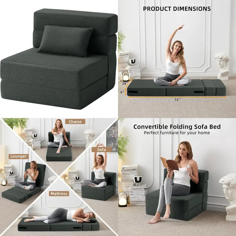 

Convertible Folding Sofa Bed - Sleeper Chair with Pillow, Modern Linen Fabric, Futon Couch, Foldable Mattress