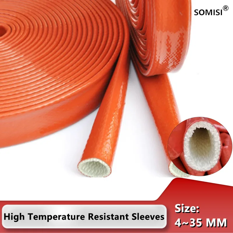 

3/8M ID 4~35MM High Temperature Resistant Tube Glass Fiber Fire Retardant Casing Pipe Silicone Resin Coated Fiberglass Braided