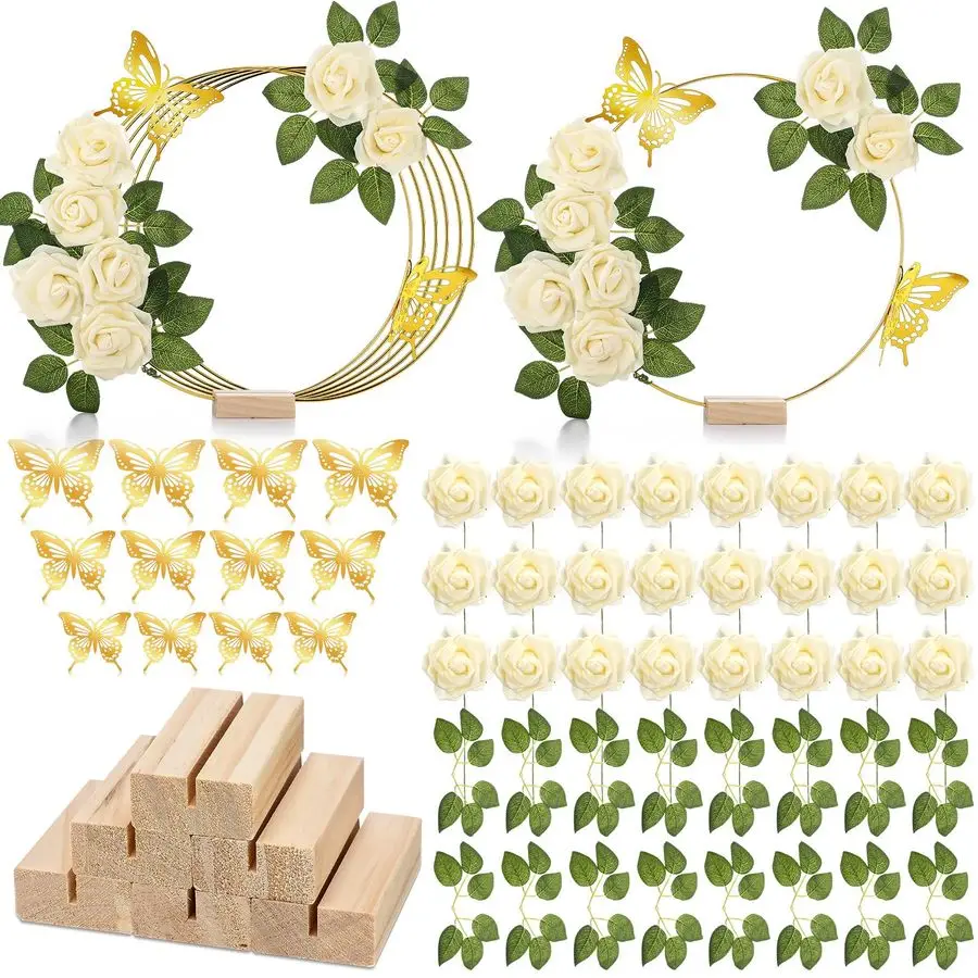 

Набор из 6 цветочных композиций для украшения стола: 6 металлических колец-венков с 6 деревянными основаниями, 50 искусственных роз, 12 искусственных цветов подсолнуха.