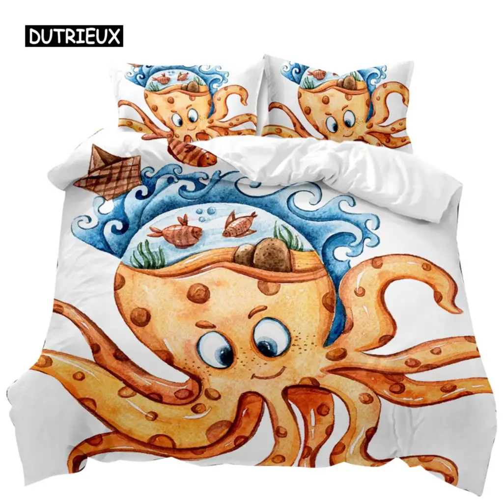 Octopus Duvet Cover Sealife Bedding Set Ocean Animal Comforter Cover Teens Adults Double Queen King Size Polyester Qulit Cover