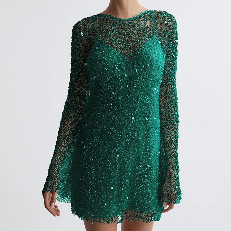 Vrouwen Elegante Splicing Solid Veelzijdige Jurk Chic O-hals Pailletten Holle Jurk Mode Jarretel Party Temperament Mini Jurken