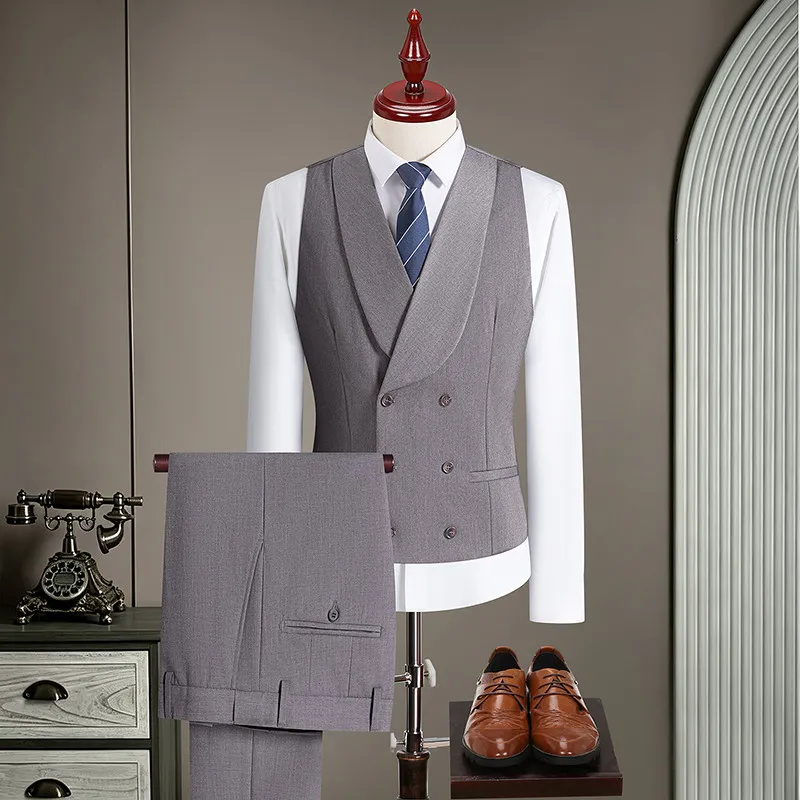 High-Quality Wool Men's Fashionable Casual Business Suit Two-Piece Set with Shawl Collar Double-Row Buttons Vest Inner Wear