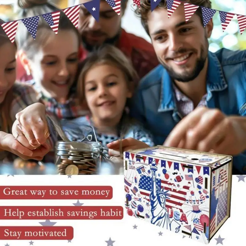 Money Saving Box 10 000 Patriotic 4th Of July Wooden Money Box With Counter 10K Savings Challenge Budget Box For Adults Kids