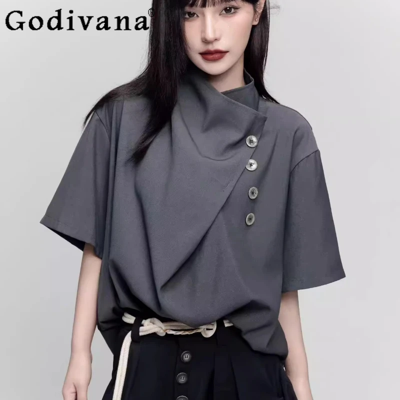 

2025 New Retro Loose Short Sleeve Versatile Jk Shirt Summer Men Women Semi-turtleneck Irregular Fashion New Chinese Leisure Top