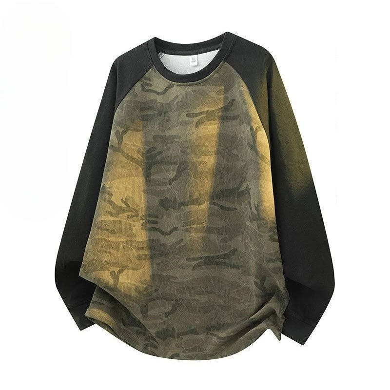 

Мужская винтажная камуфляжная футболка с длинными рукавами и цветными блоками, Новое поступление 2026, свободный крой, лоскутный осенний базовый слой, топ