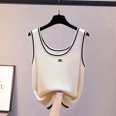 Oversized Women Clothes Camisole Summer O-neck Sleeveless Sling Embroidered T-Shirts Female All-match Striped Sexy Pullovers