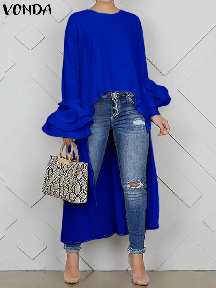 

Plus Size VONDA Women Satin Silk Blouses Tops 2024 Casual Irregular Hem Tunics Elegant Flare Sleeve Solid Split Layered Blusas