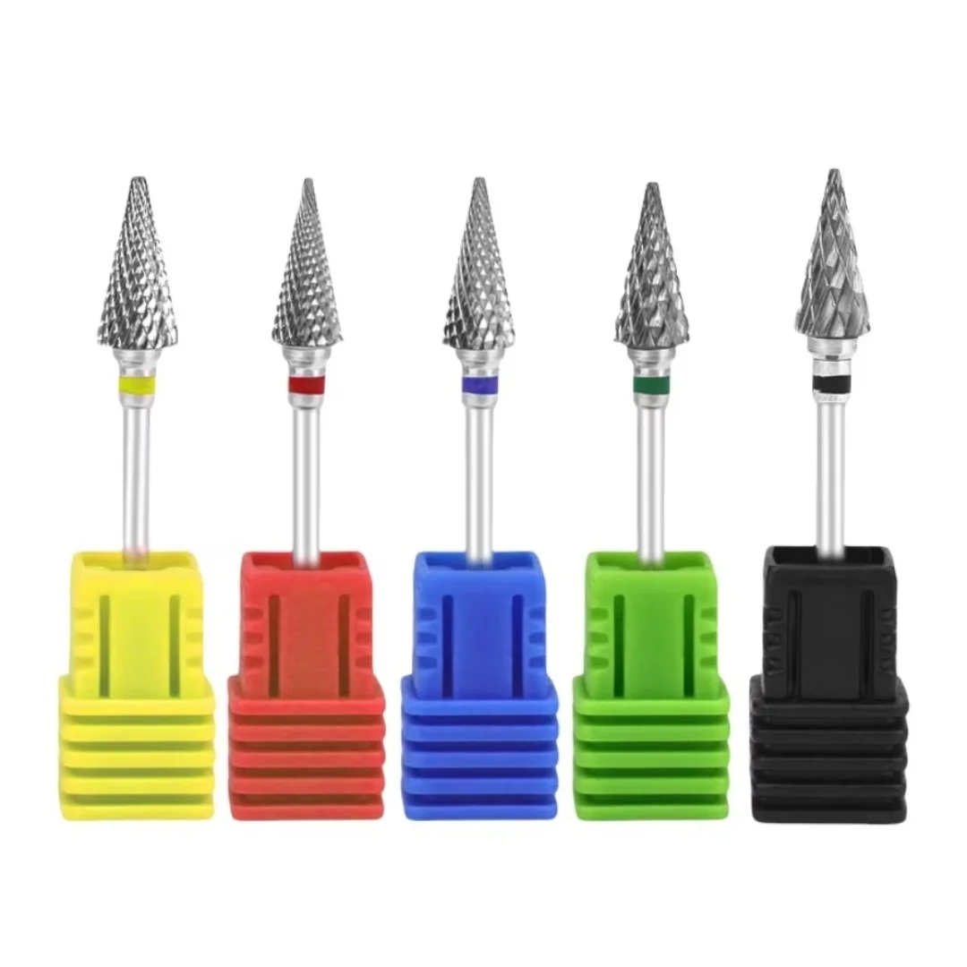 

5pcs Tungsten Steel Conical Drill Bits XF/F/M/C/XC Grit Tungsten Carbide Nail Polishing Burs Conical Shape Polishing Heads Tools