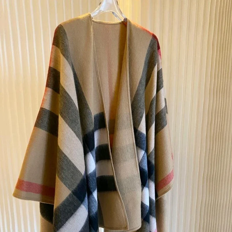 Thick and Warm Autumn and Winter All-match Female British Plaid Cashmere Wool Cape Double-sided Oversized Shawl Scarf