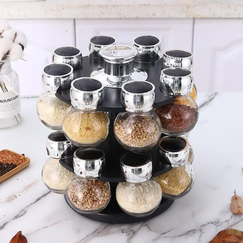 Rotating16Pcs Condiment Set Spice Jar StorageBox HomeKitchen Cruet Condiment Bottle Coffee Sugar Seal Jar Container Rack