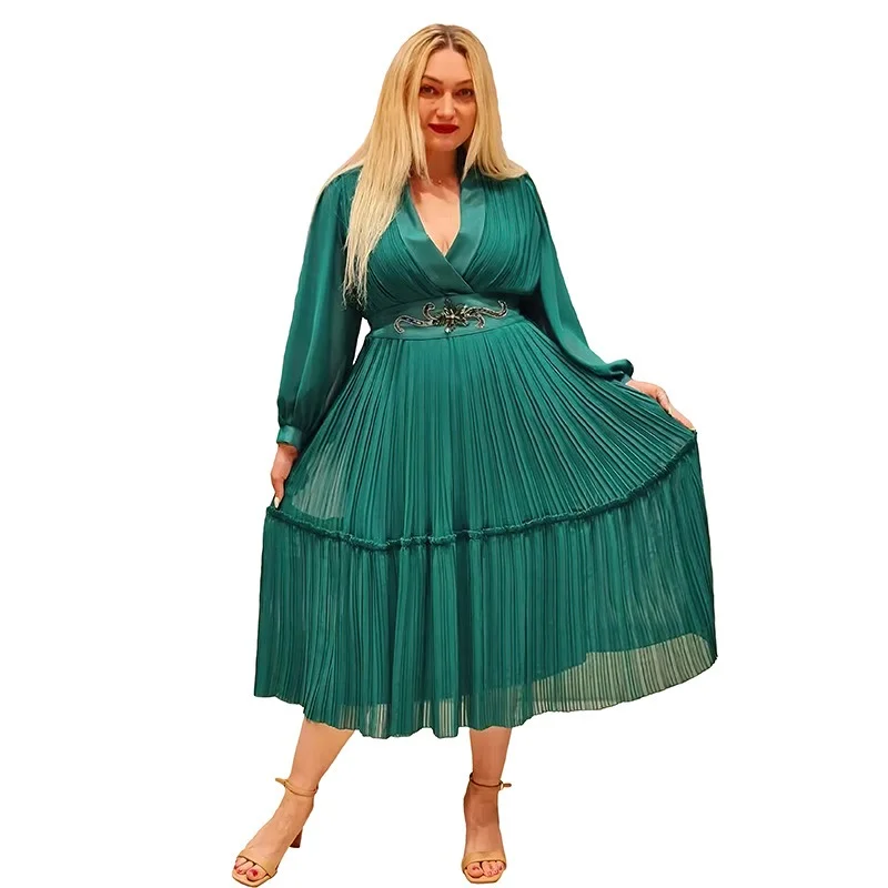 

With Belt African Pleated Dresses for Women Summer Elegant African V-neck Long Sleeve Knee-length Dress Dashiki African Dresses