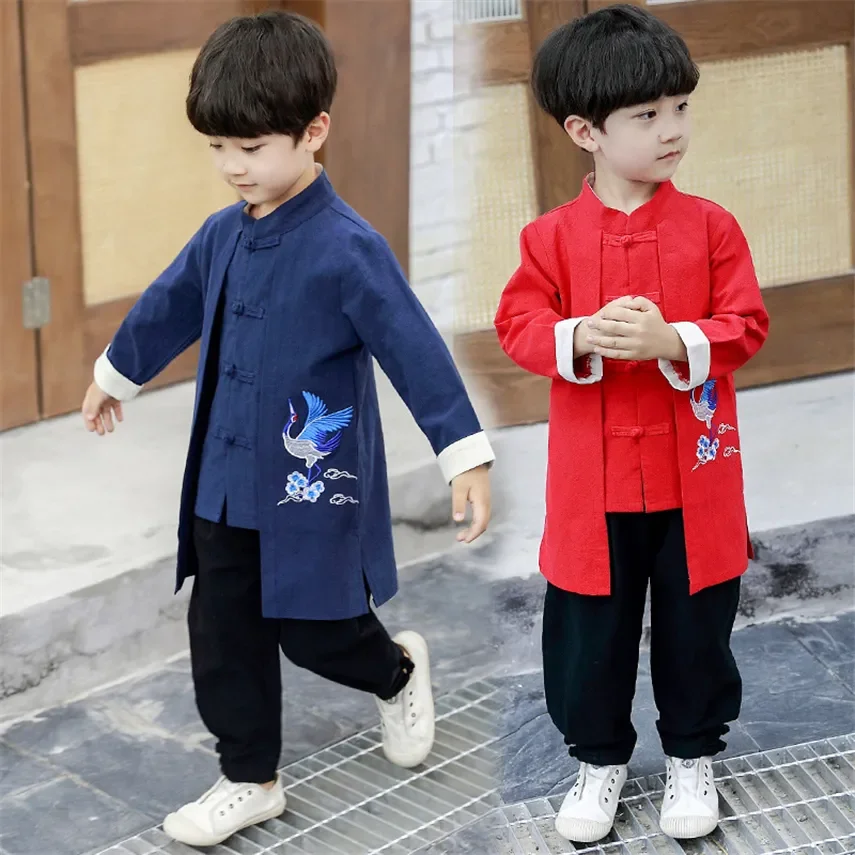 Children New Year Traditional Chinese Costumes Oriental Kids Tops Pants 2 Piece Hanfu Sets Vintage Crane Embroidery Tang Suit