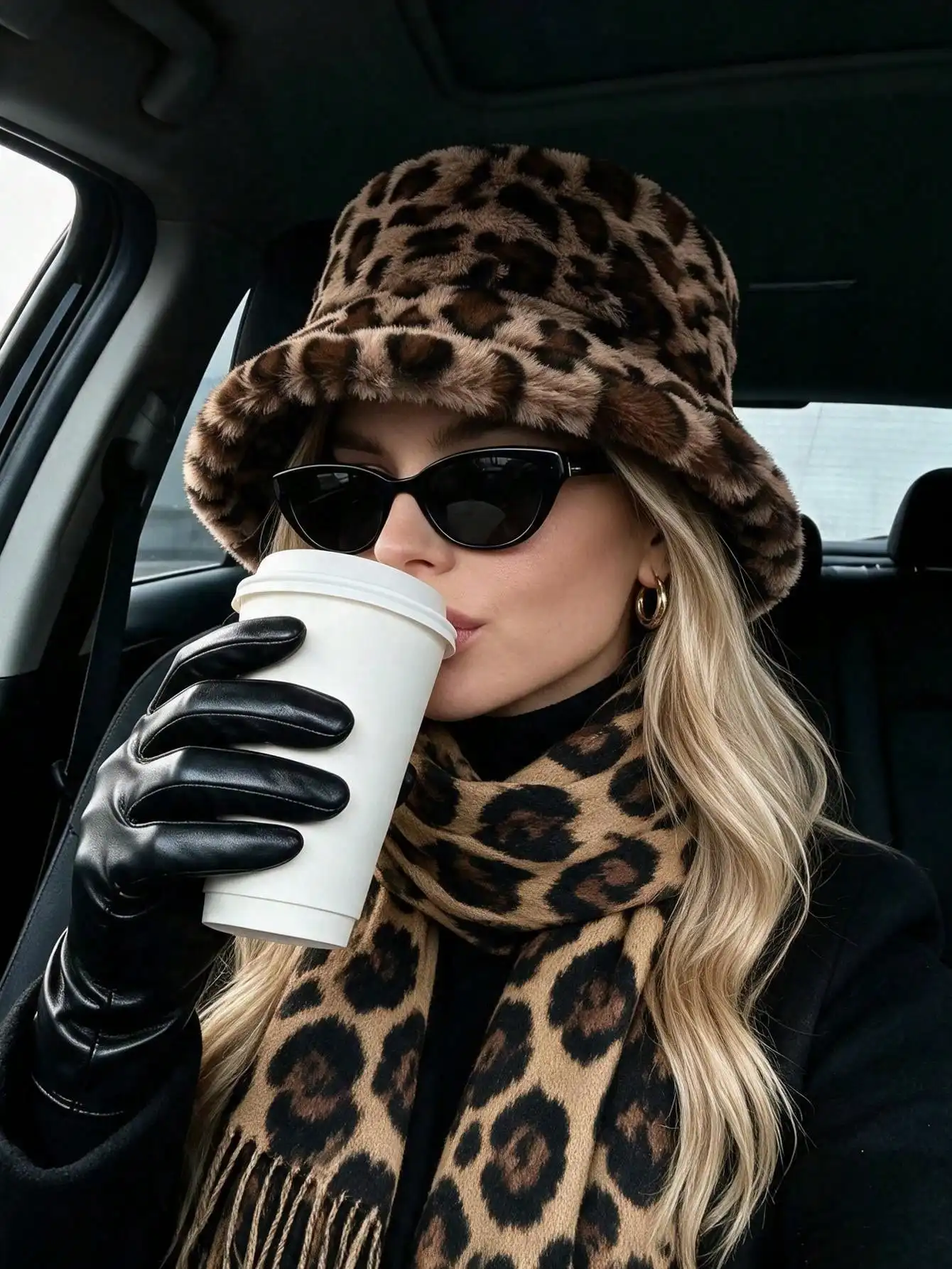 2Pcs Women Leopard Print Faux Bucket Hat and Tassel Scarf Set, Wide Brim Hat Fringed Scarf, Vintage Autumn Winter Outdoor Party