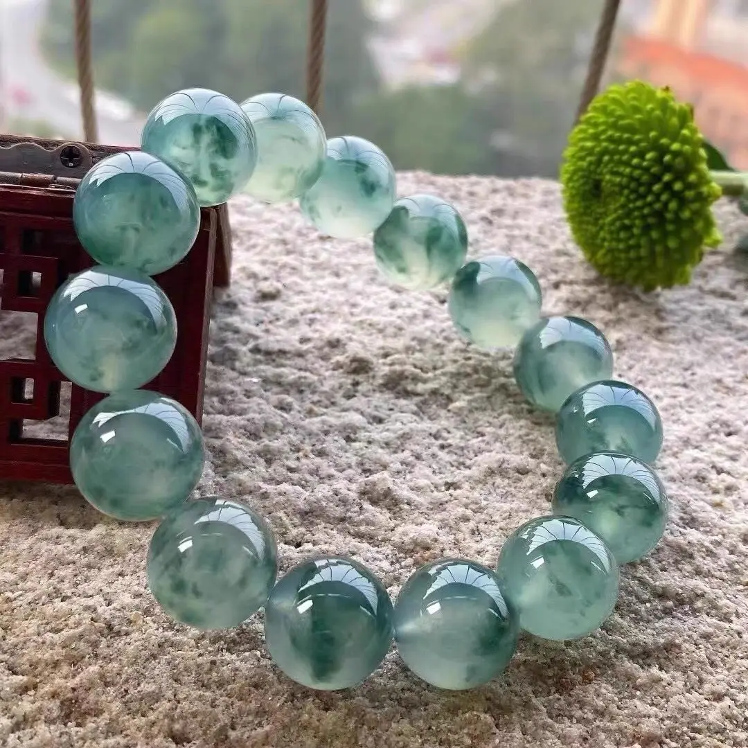 Bracciale fiore galleggiante tipo ghiaccio in giada birmana, braccialetto da donna in giada verde olio a cerchio singolo