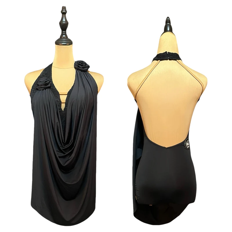 Pakaian Latihan Tari Ballroom Wanita Atasan Tari Hitam Halter Kostum Tango Standar Pakaian Tari Latin Dewasa VBH2101