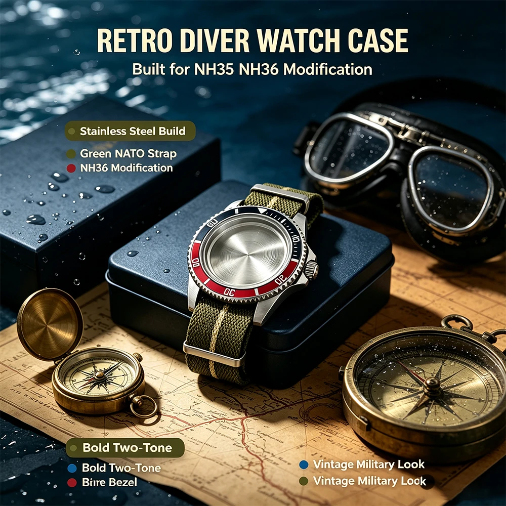 NH35 case 39.5mm Vintage Diver Watch Case Stainless Steel Shell With Green Nylon ato Strap For NH35 NH36 Automatic Movement