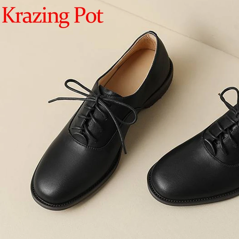 

Krazing Pot Large Size Cow Split Leather Round Toe Med Heels Spring Shoes Convenient Office Lady Cross-tied Concise Women Pumps