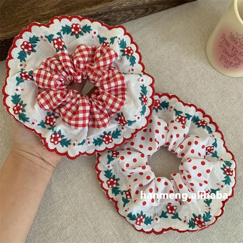 Embroidery Floral Red Plaid Dot Cloth Lace Large Scrunchie for Womem Girls Lolita Korean Sweet Ponytail Hair Band Headdress 2024