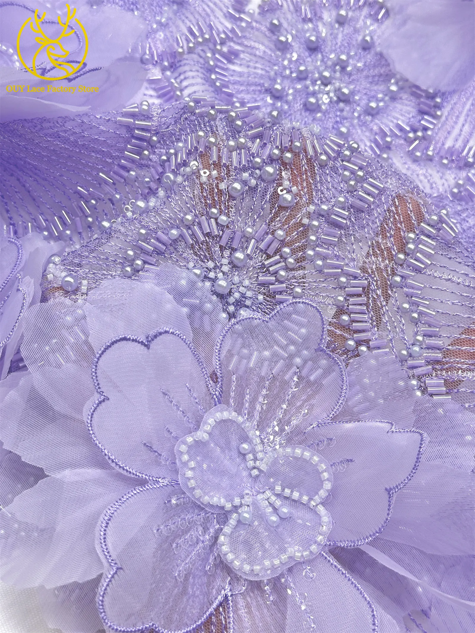 Hochwertige Exquisite 3D-Stickerei Blumen-Tüllspitze Hochwertige Afrikanische Perlen-Pailletten-Spitze Französischer Tüll Hochzeitskleid-Stoff – Detail 10