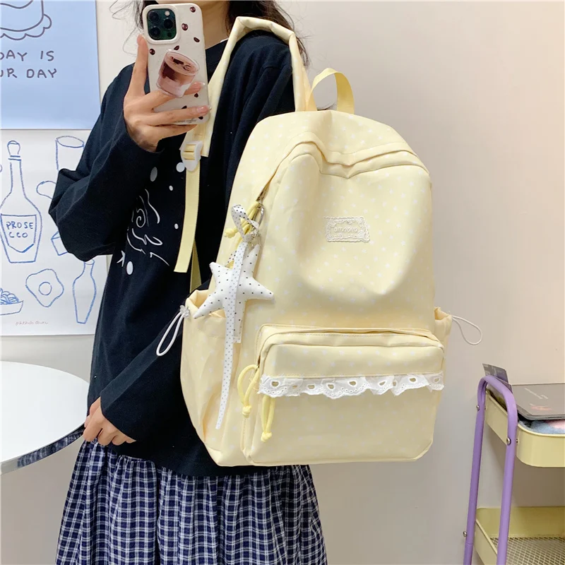 Women Polka Dot Lace Backpack with Compartments&Pendant Soft Stylish Rucksack Cute Lightweight Backpacks Travel Carrying Package