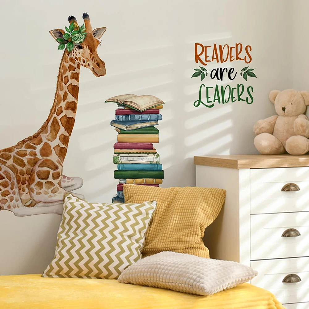 Cartoon Giraffe Reading Corner Wall Sticker Readers Are Leaders Woodland Animals Read Books Wall Decals Classroom Library