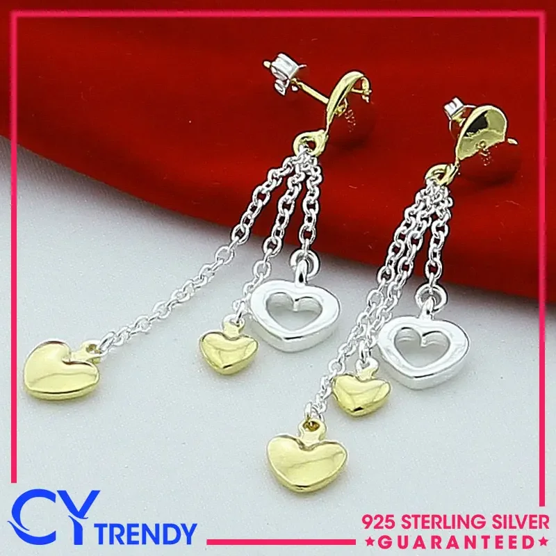 

925 Sterling Silver Gold and Sliver Hearts Drop Stud Earrings For Women Wedding Party Gift Accessories Fashion Jewelry