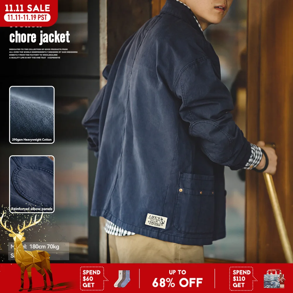 

Maden Мужская куртка цвета темно-синего цвета охотничья куртка Отложной воротник ассиметричные много карманов хлопковая повседневная верхняя одежда Свободный крой Размер S-XXL