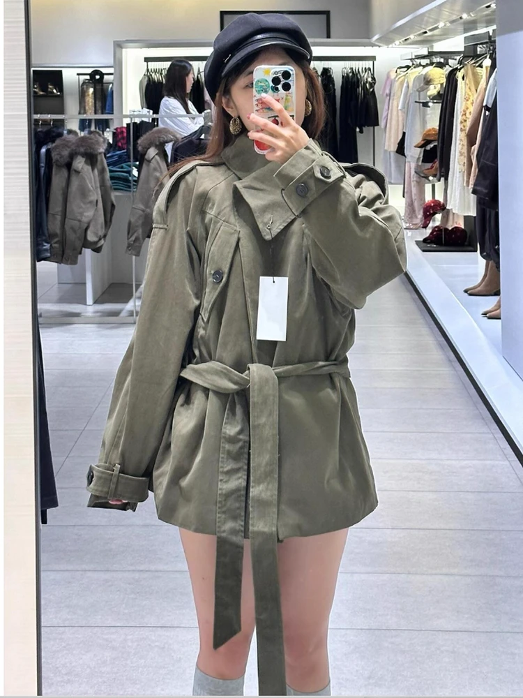 

Осень 2024, новая американская рабочая одежда, высококачественное хлопковое пальто с длинным свеком и воротником-стойкой, с поясом, свободный крой в стиле ретро, обычное пальто...