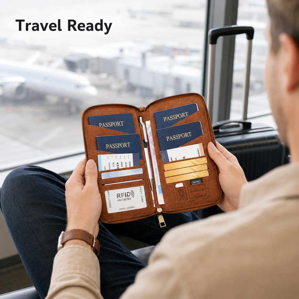 RFID Passport Holder Zipper Travel Wallet PU Leather Travel Document Organizer with Card Slots Boarding Pass Pocket Wrist Strap