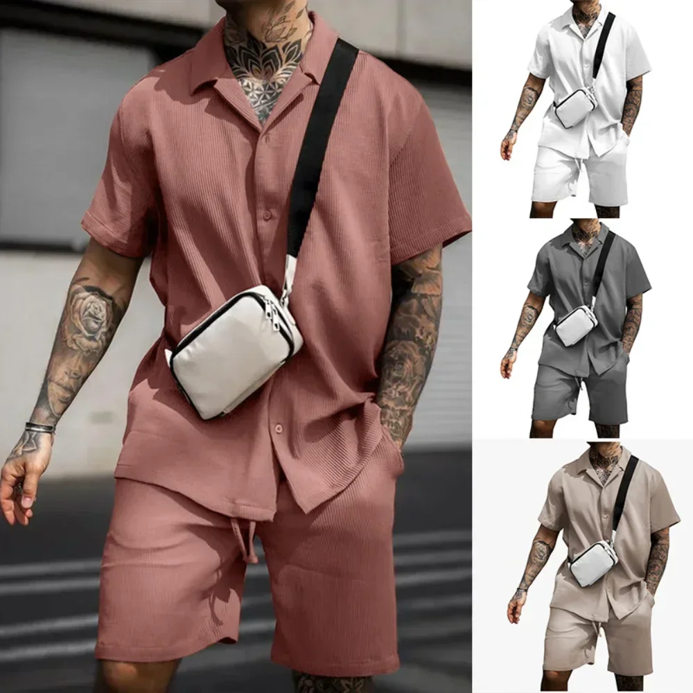 

Summer Solid Casual Losse Men's Sets Soft Single Breasted Shirts Shorts 2 Pieces Sets for Men Fashoin Polo Sweatpants Suit