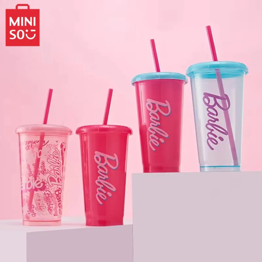 MINISO Barbie 65Th Anniversary Series Plastic Straw Cup Cartoon Cute Water Cups Large Capacity Juice Coffee Milk Cup 520ML 4pcs