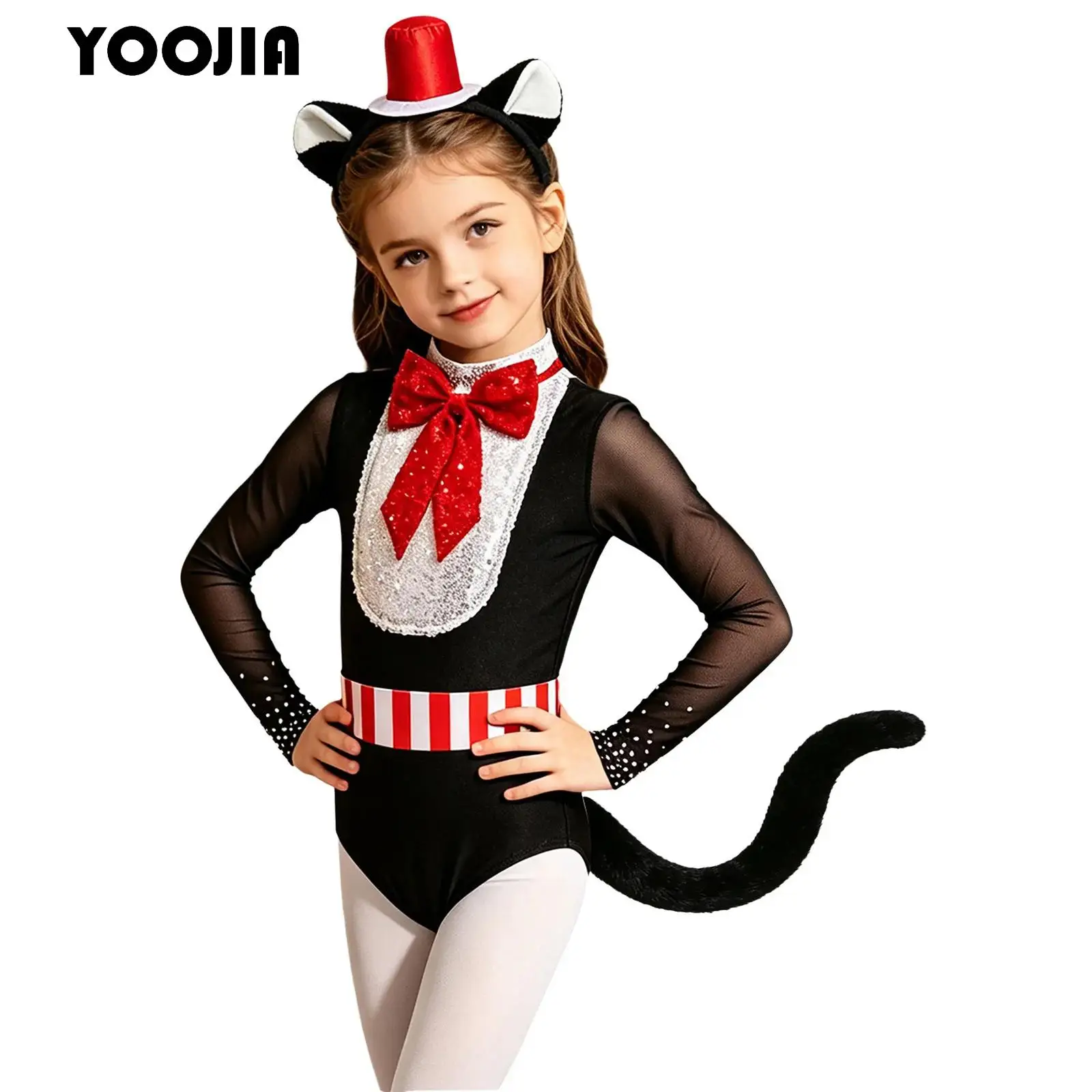 Children Halloween Cat Themed Party Outfit Girls Ringmaster Jumpsuit Long Sleeve Bowknot Sequin Mesh Bodysuit And Hair Hoop Tail